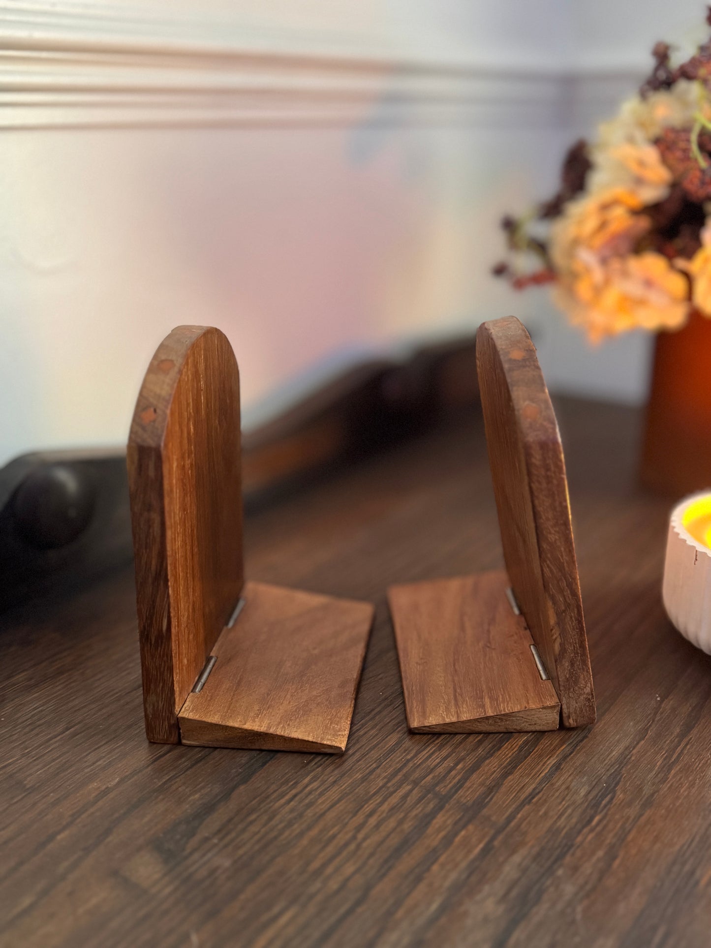 Rare Vintage Inlaid Wooden Bookends – Foldable Pair