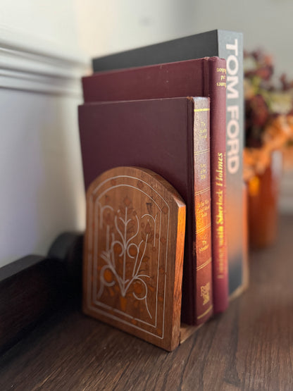 Rare Vintage Inlaid Wooden Bookends – Foldable Pair