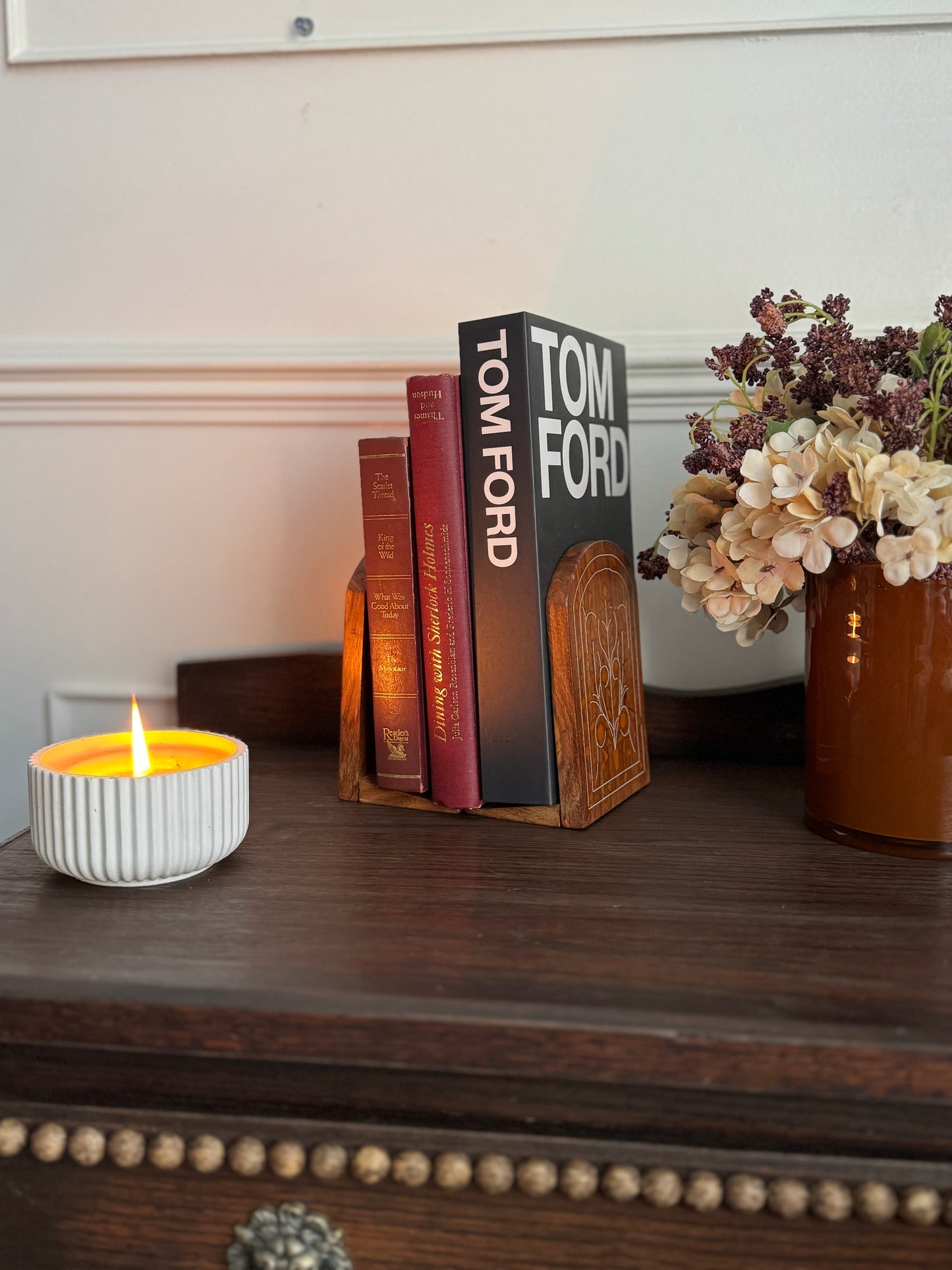 Rare Vintage Inlaid Wooden Bookends – Foldable Pair