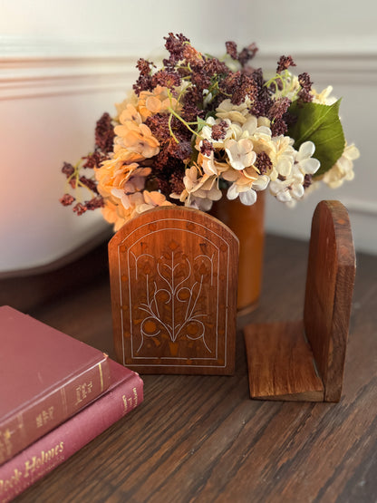 Rare Vintage Inlaid Wooden Bookends – Foldable Pair