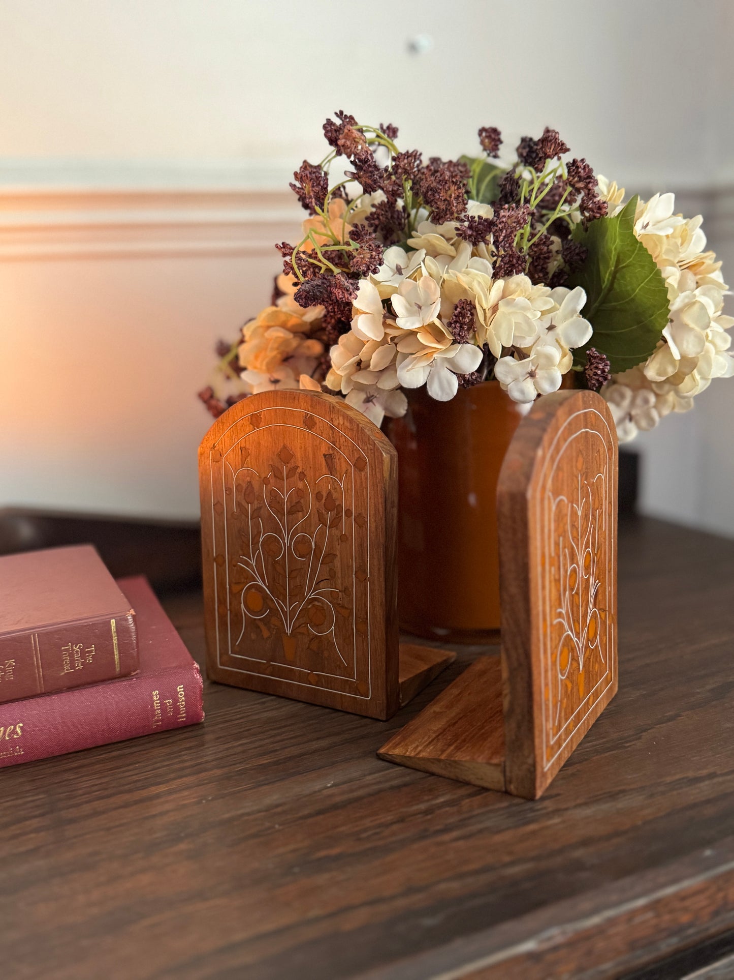 Rare Vintage Inlaid Wooden Bookends – Foldable Pair