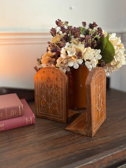 Rare Vintage Inlaid Wooden Bookends – Foldable Pair