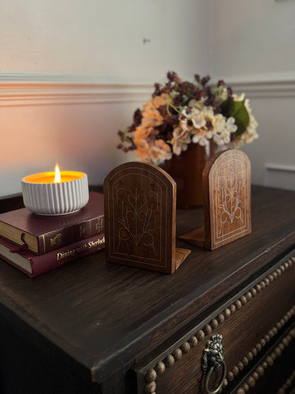 Rare Vintage Inlaid Wooden Bookends – Foldable Pair
