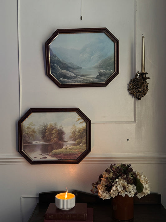 Vintage Farm Scenery Print Duo in Wooden Hexagon Frames