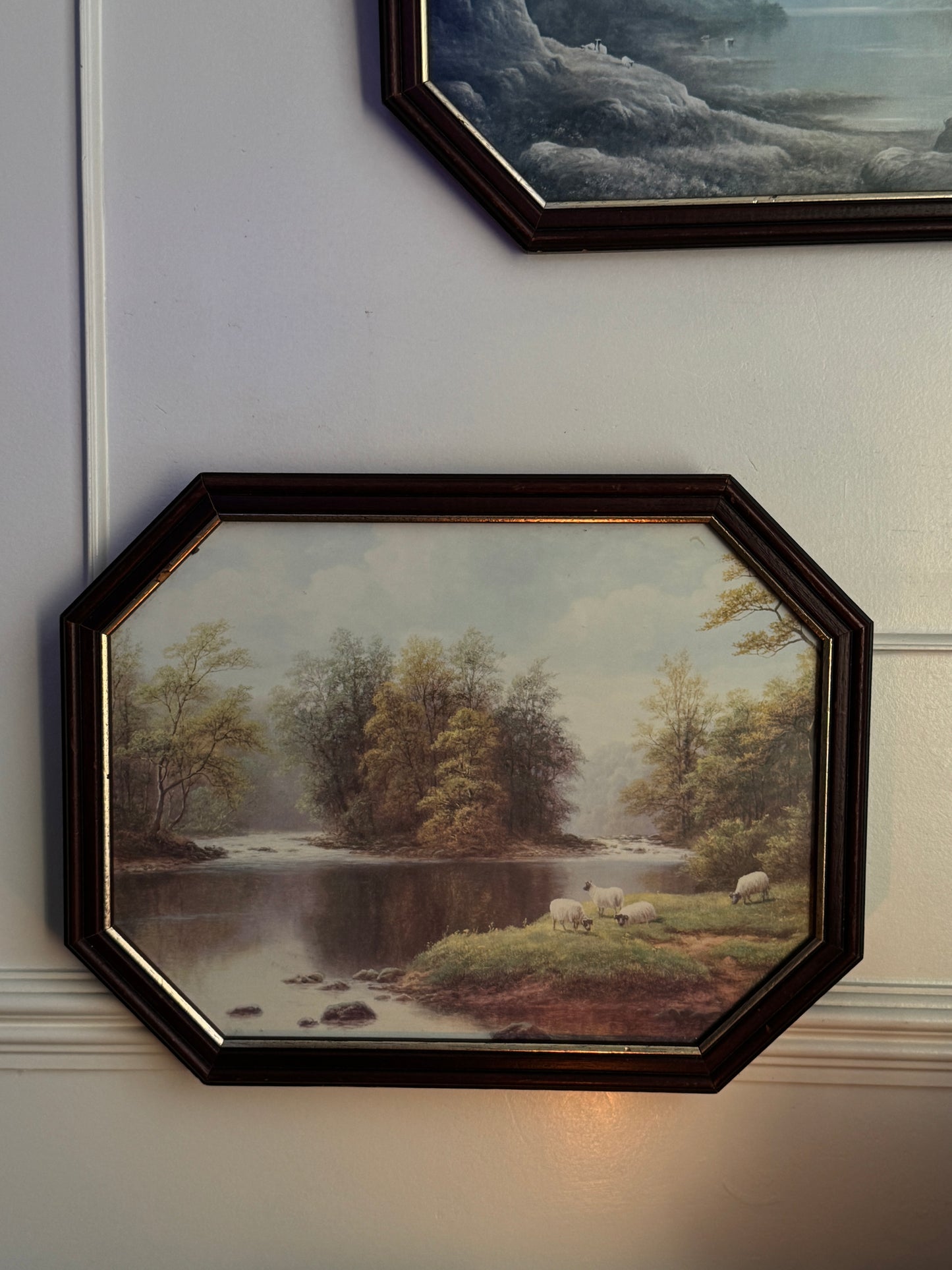Vintage Farm Scenery Print Duo in Wooden Hexagon Frames