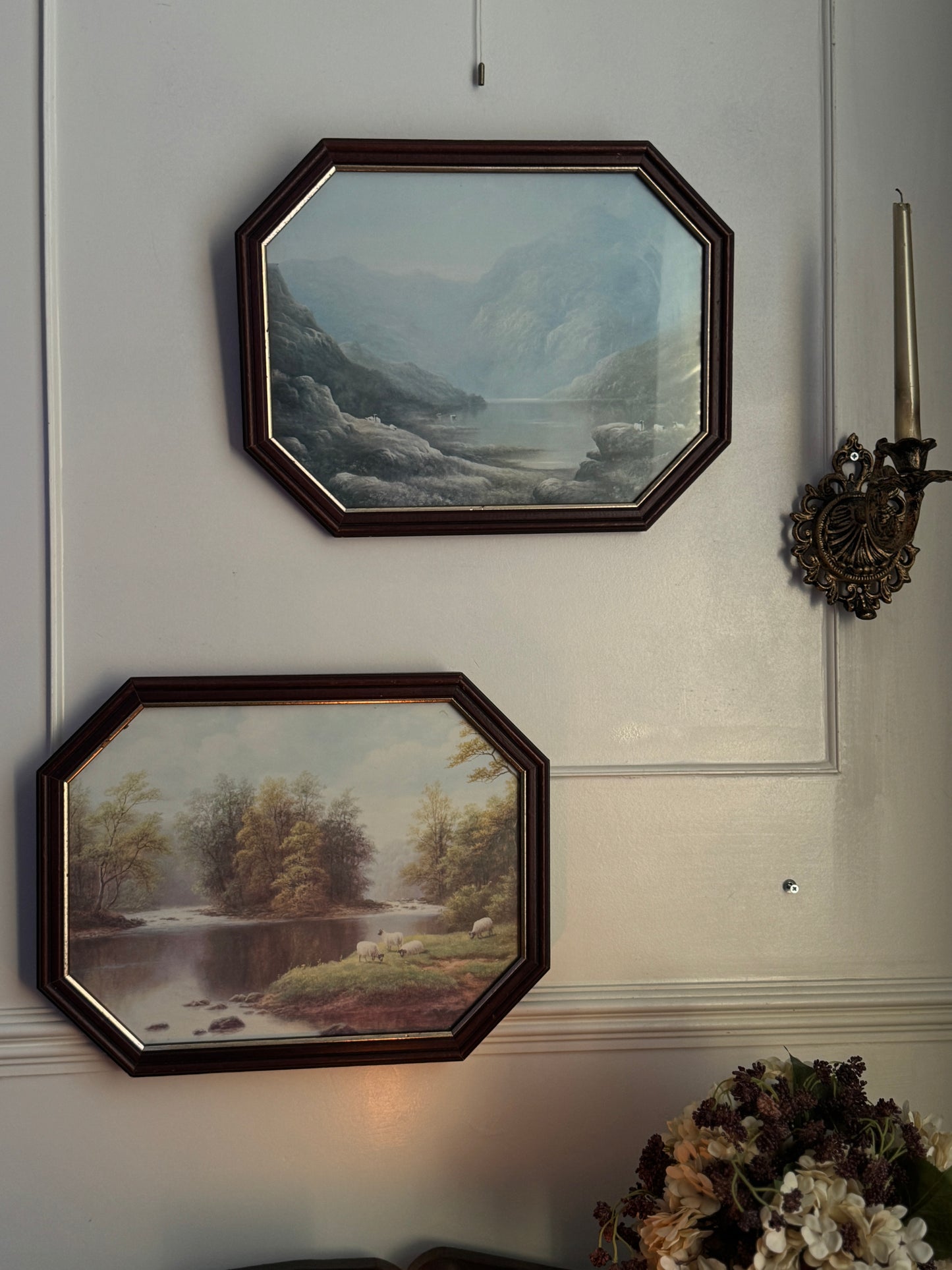 Vintage Farm Scenery Print Duo in Wooden Hexagon Frames