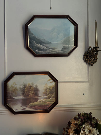 Vintage Farm Scenery Print Duo in Wooden Hexagon Frames