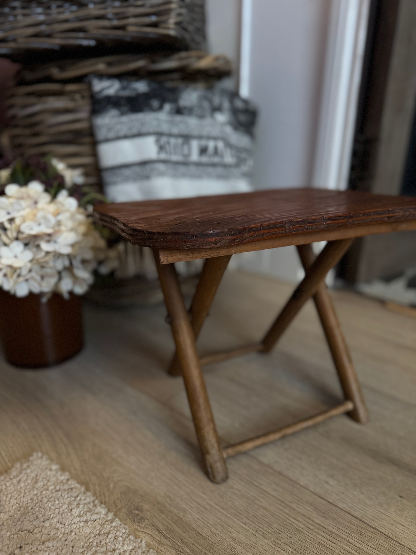 Antique Foldable Wooden Stool – Rustic Flower / Child’s Stool / Plant Stand