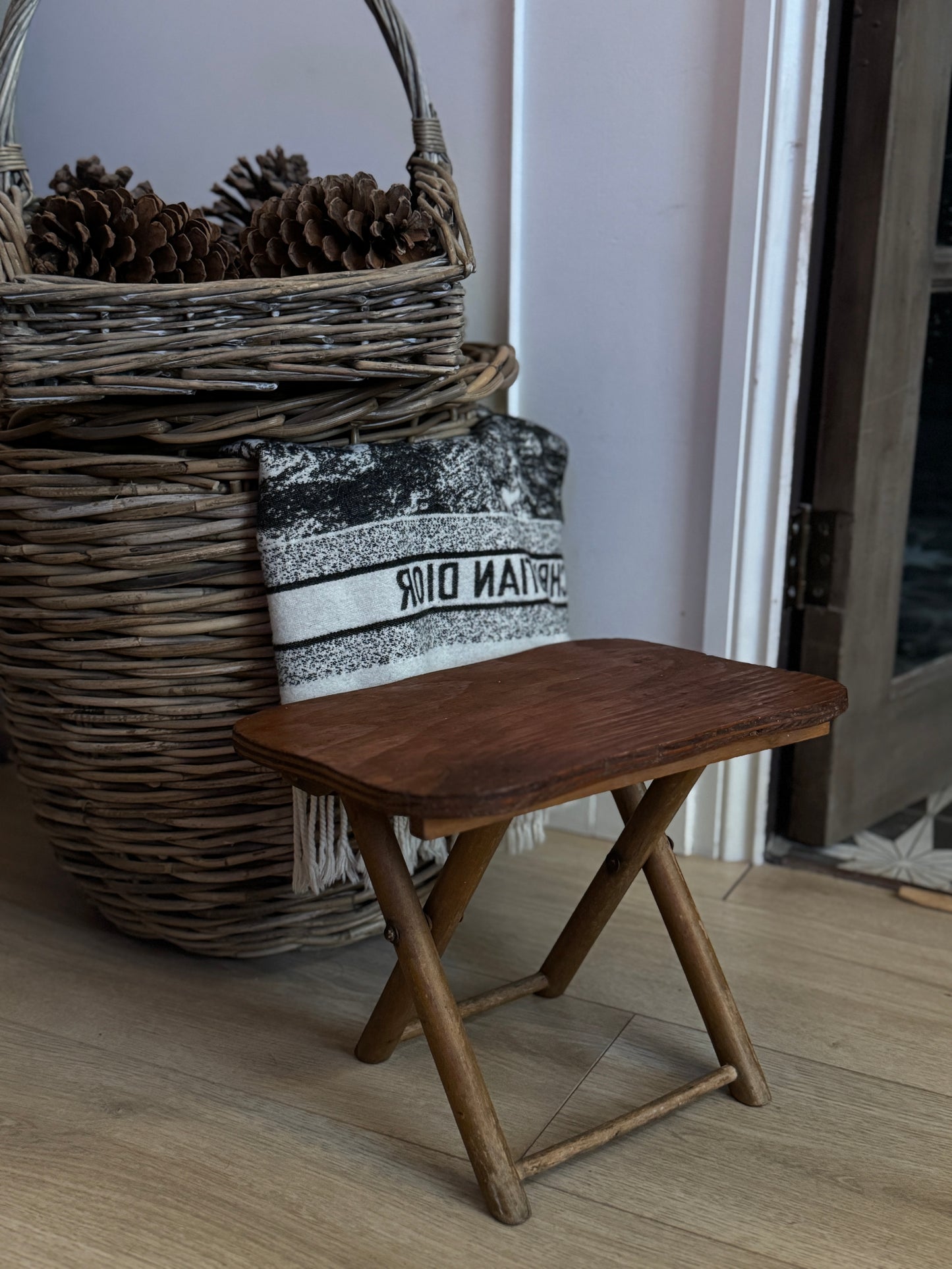 Antique Foldable Wooden Stool – Rustic Flower / Child’s Stool / Plant Stand
