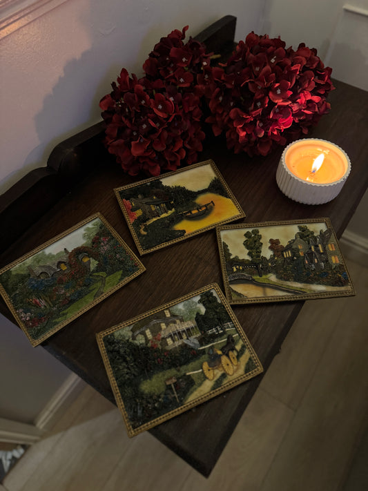 Decorative 3D Wall Plaques – Vintage Scenic Reliefs with Gold Edges