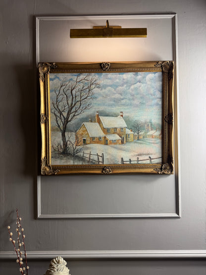 Vintage Winter Scenery Oil Painting by E. Henstock Ornate Gold Gilt Frame
