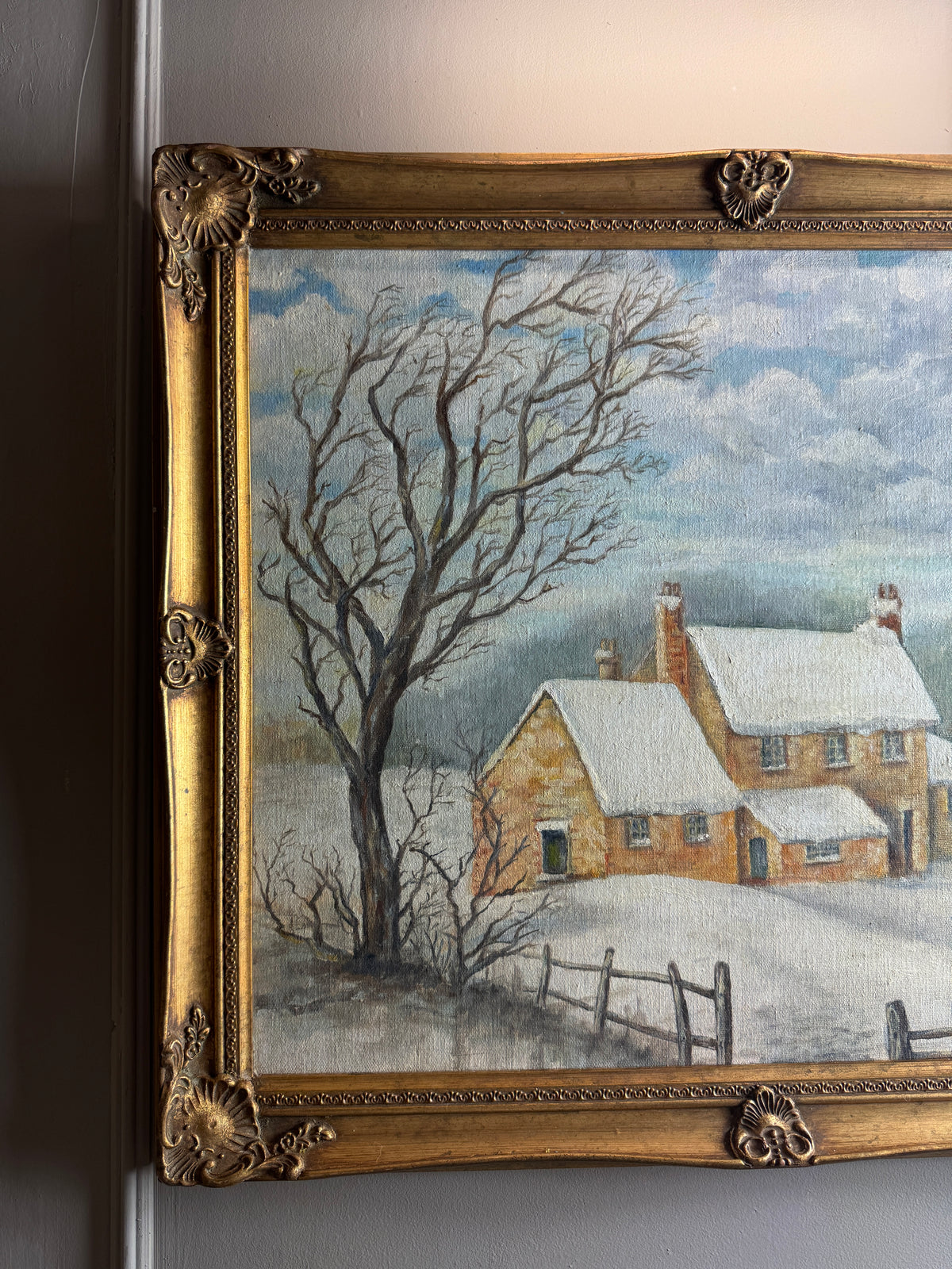 Vintage Winter Scenery Oil Painting by E. Henstock Ornate Gold Gilt Frame