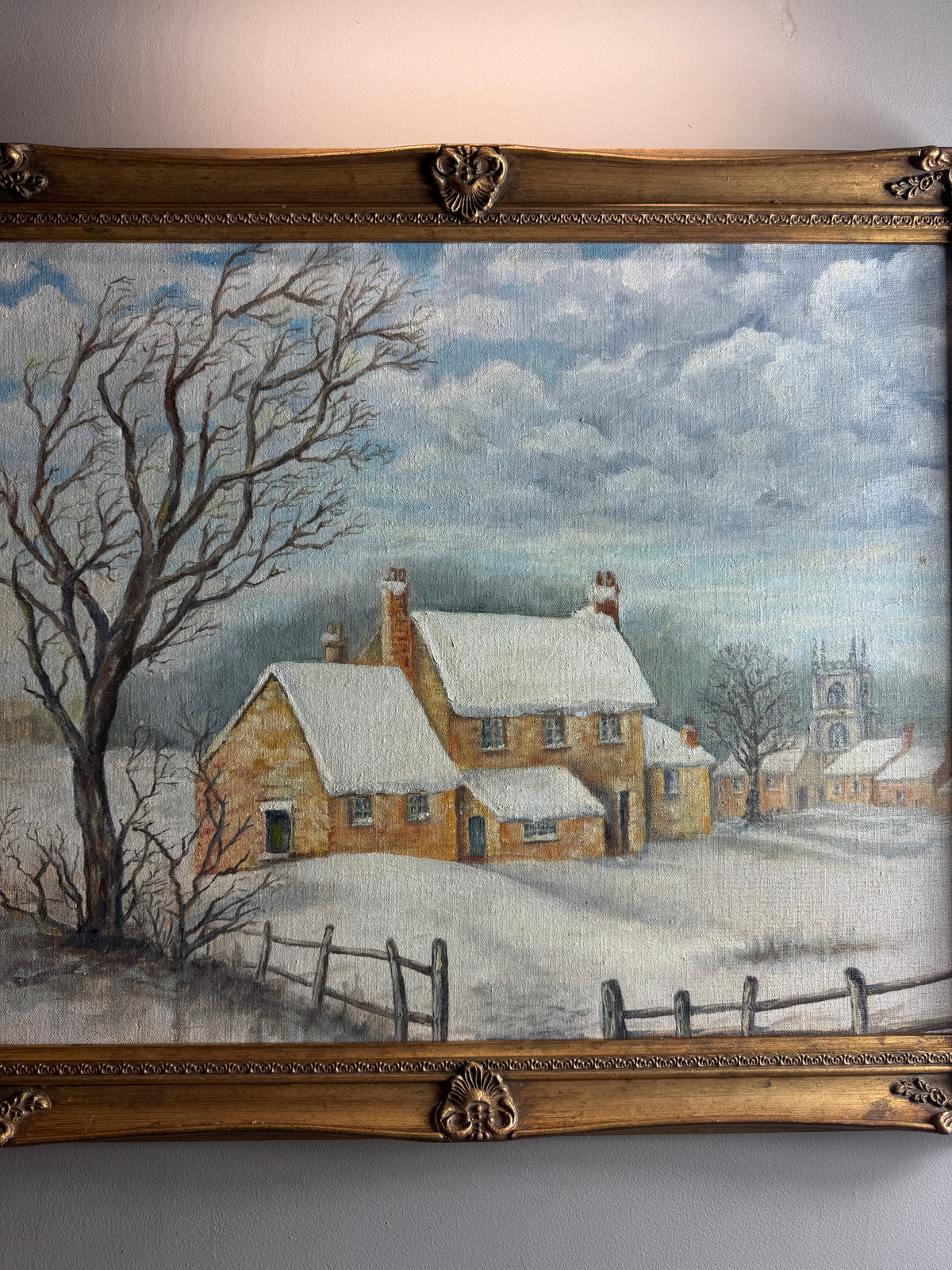 Vintage Winter Scenery Oil Painting by E. Henstock Ornate Gold Gilt Frame