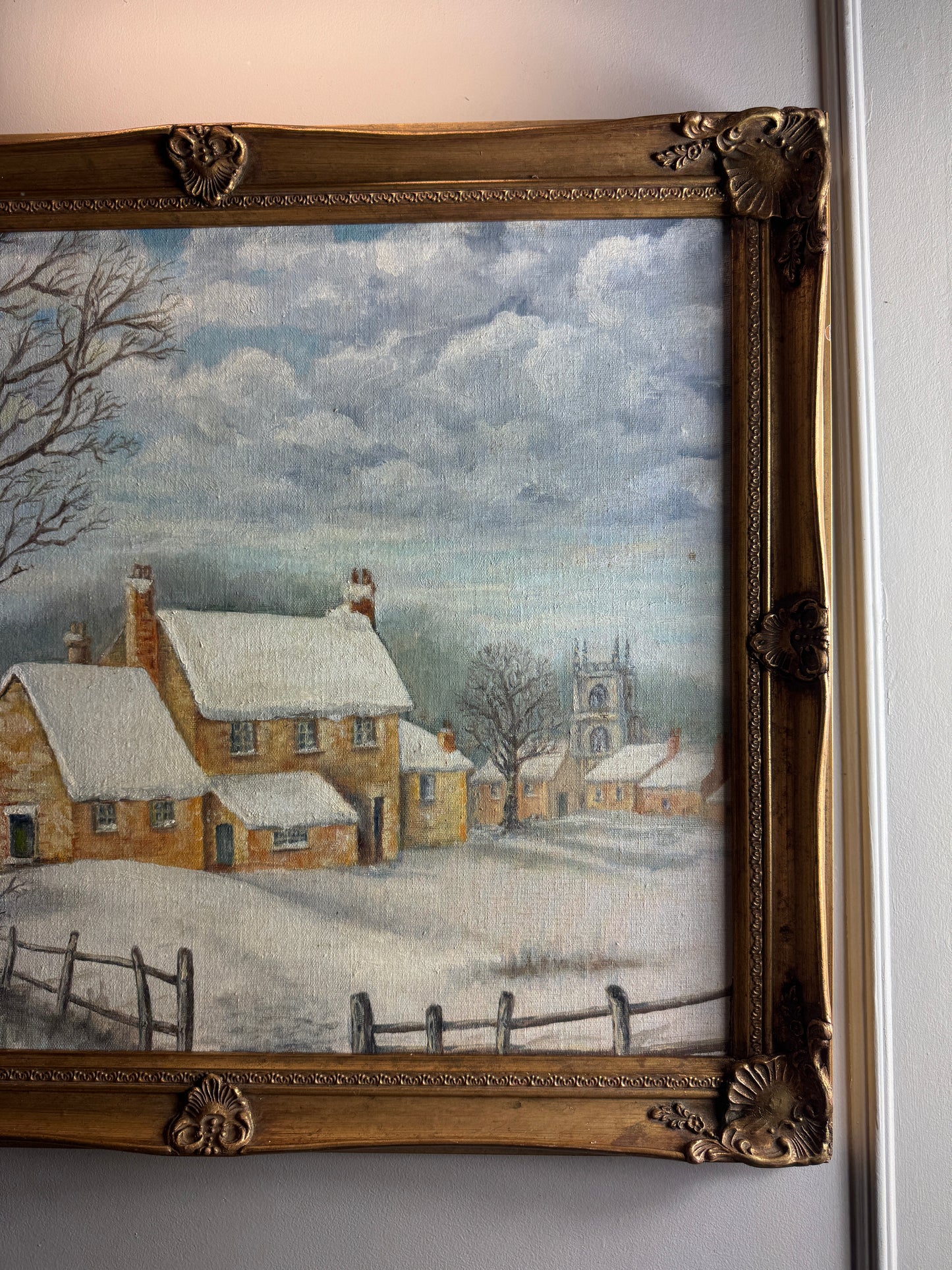 Vintage Winter Scenery Oil Painting by E. Henstock Ornate Gold Gilt Frame