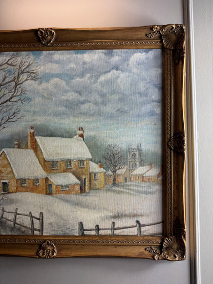 Vintage Winter Scenery Oil Painting by E. Henstock Ornate Gold Gilt Frame
