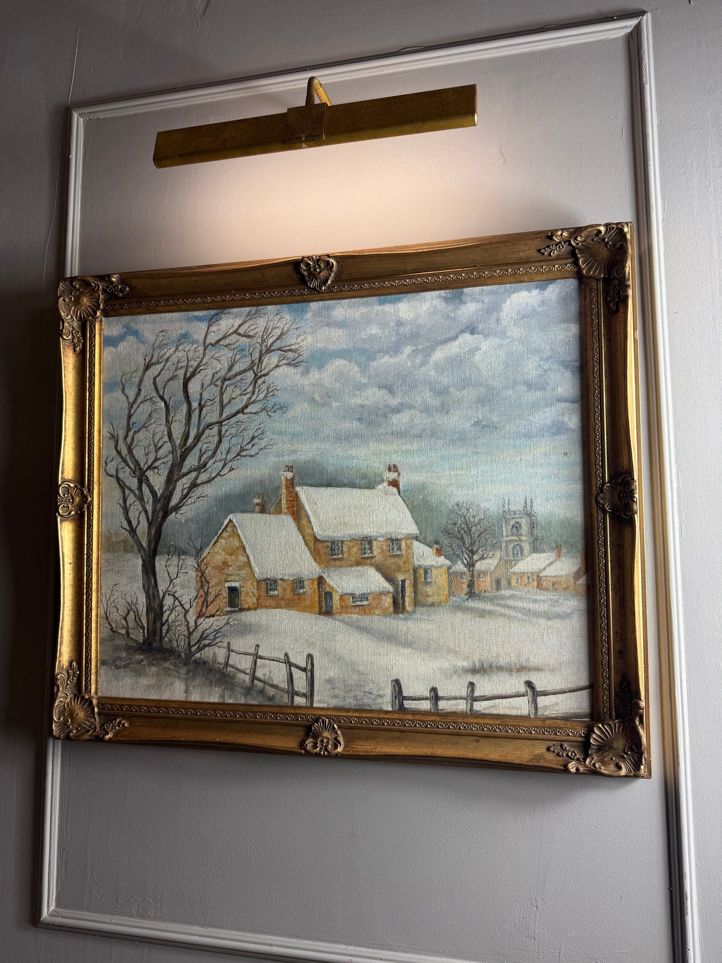 Vintage Winter Scenery Oil Painting by E. Henstock Ornate Gold Gilt Frame