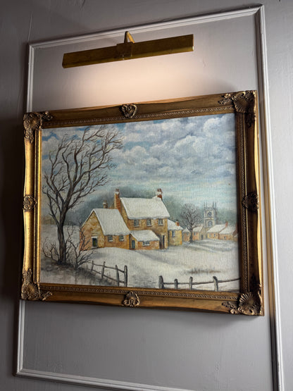 Vintage Winter Scenery Oil Painting by E. Henstock Ornate Gold Gilt Frame