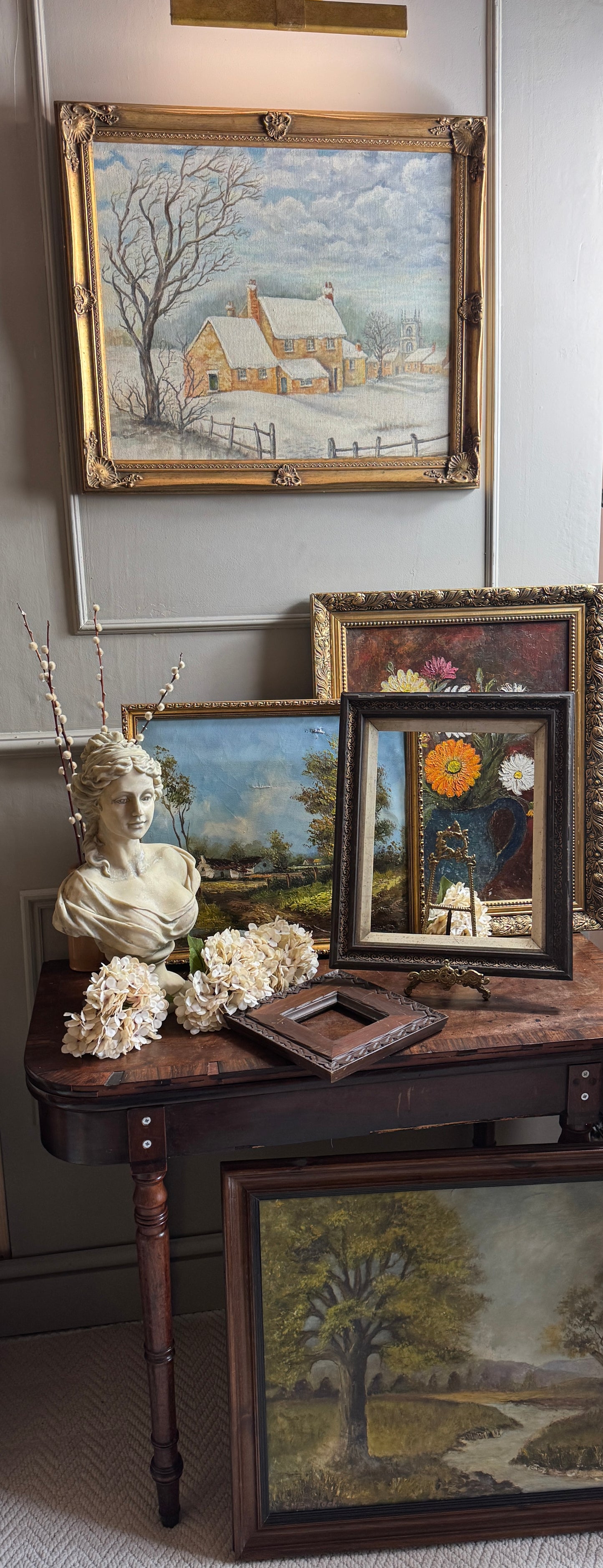 Vintage Winter Scenery Oil Painting by E. Henstock Ornate Gold Gilt Frame