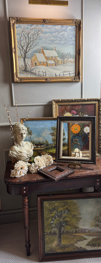 Vintage Winter Scenery Oil Painting by E. Henstock Ornate Gold Gilt Frame