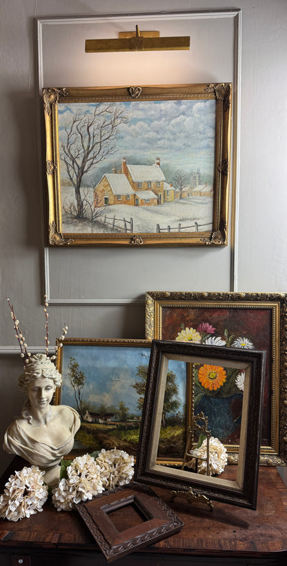 Vintage Winter Scenery Oil Painting by E. Henstock Ornate Gold Gilt Frame