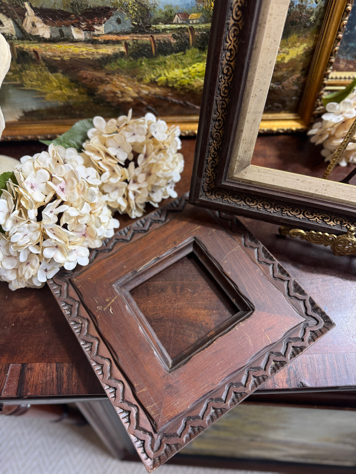 Vintage Folk Carved Wooden Frame – Rustic European Chip Carving