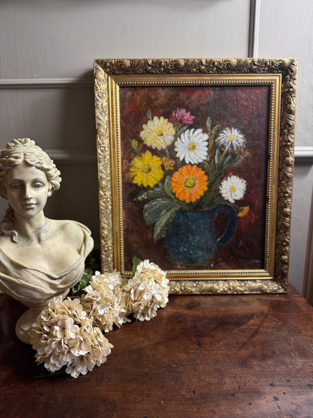 Vintage Floral Oil Painting by E. Henstock - Antique Gold Gilt Frame