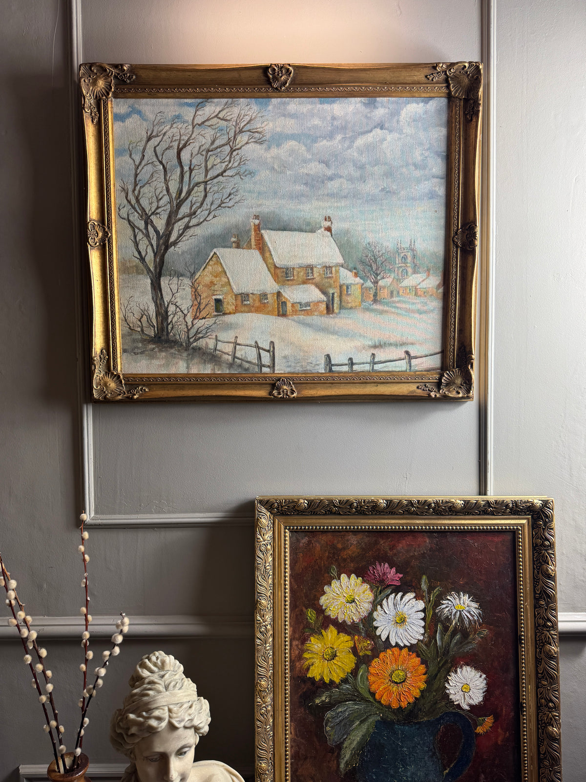 Vintage Winter Scenery Oil Painting by E. Henstock Ornate Gold Gilt Frame