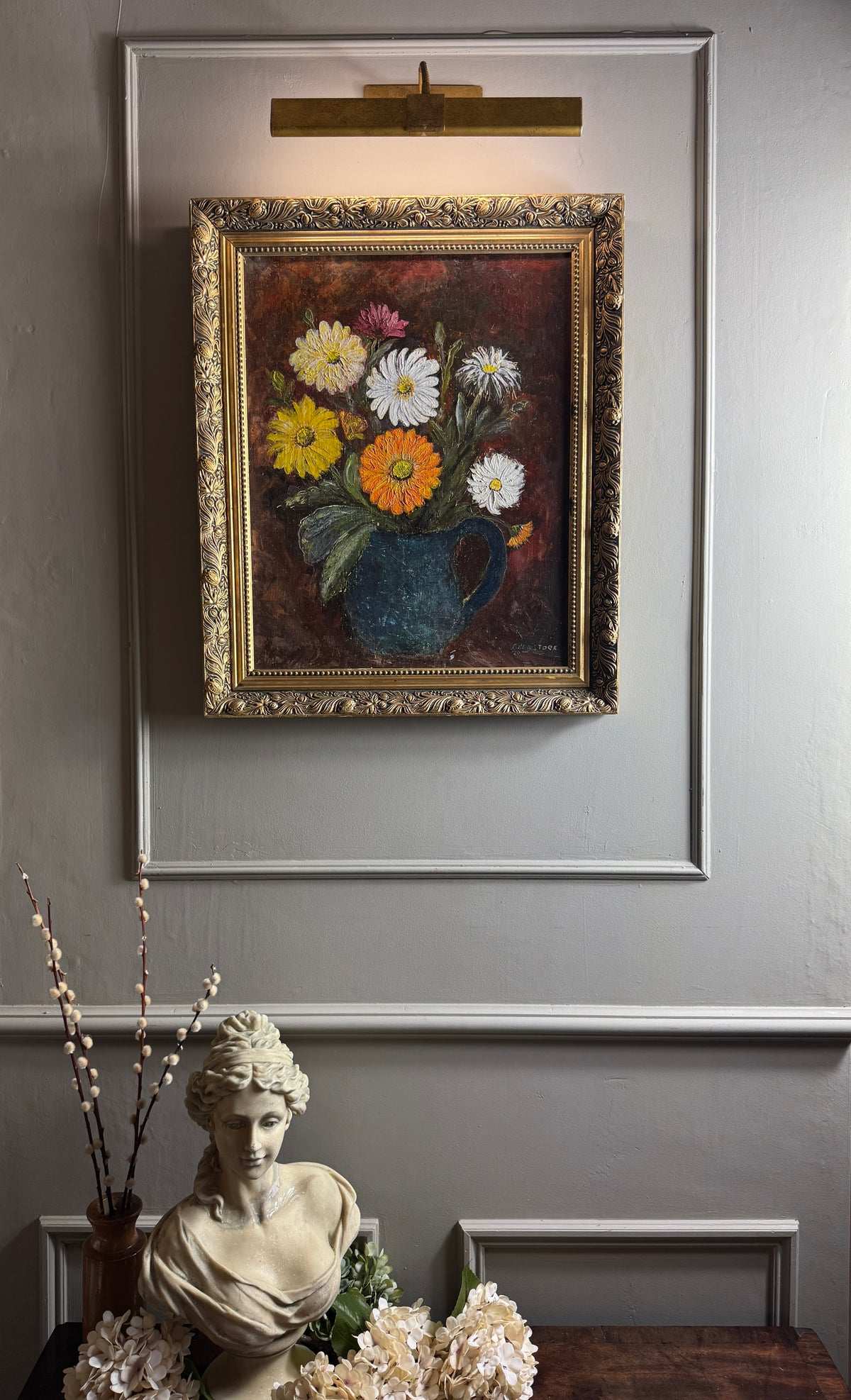Vintage Floral Oil Painting by E. Henstock - Antique Gold Gilt Frame