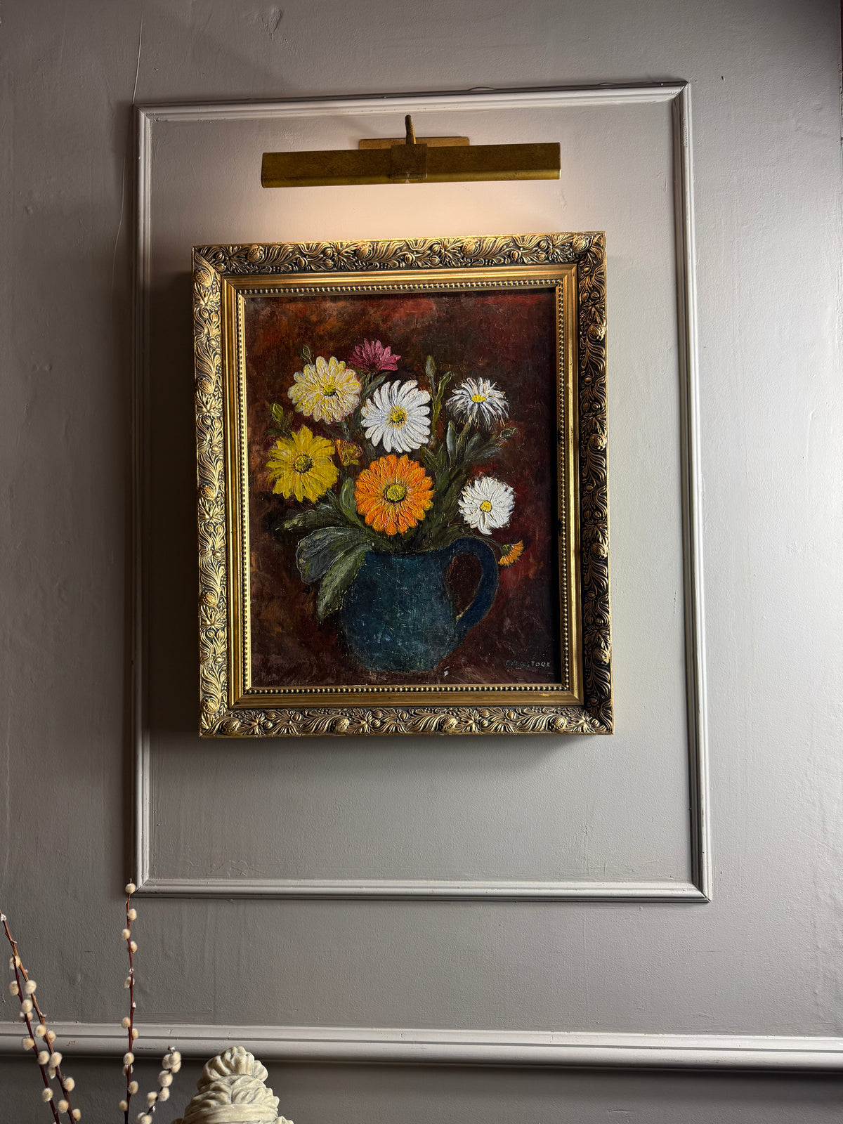 Vintage Floral Oil Painting by E. Henstock - Antique Gold Gilt Frame
