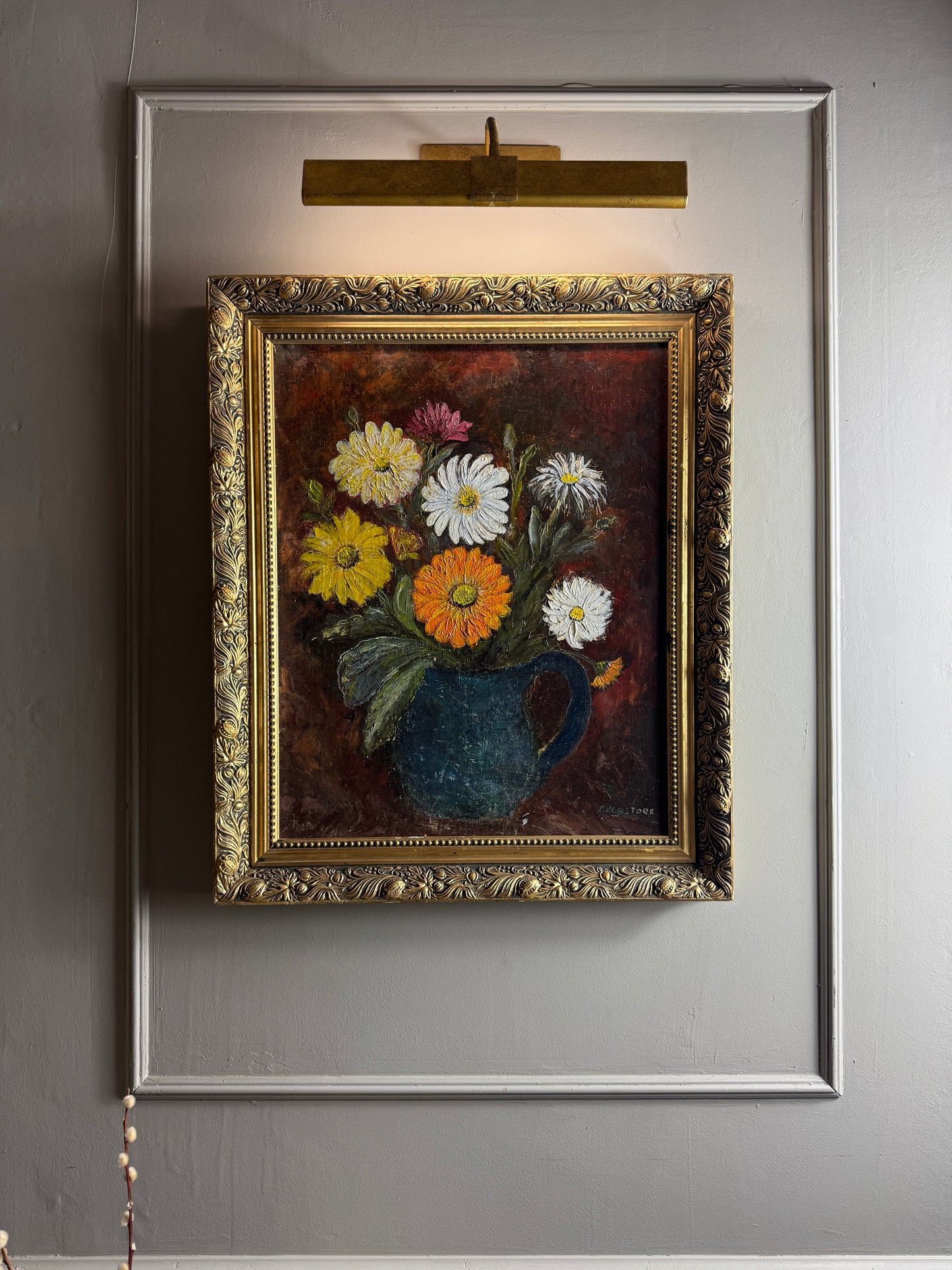 Vintage Floral Oil Painting by E. Henstock - Antique Gold Gilt Frame