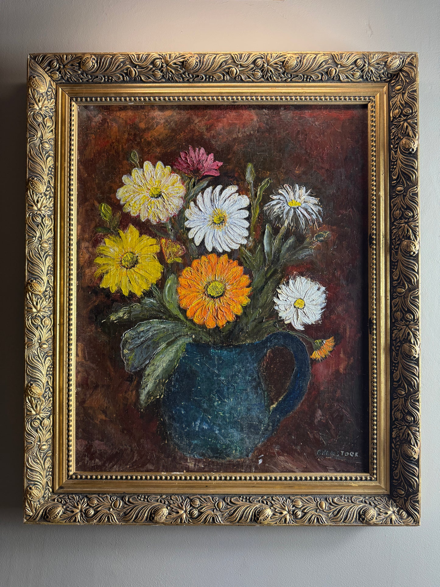 Vintage Floral Oil Painting by E. Henstock - Antique Gold Gilt Frame