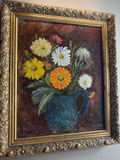Vintage Floral Oil Painting by E. Henstock - Antique Gold Gilt Frame