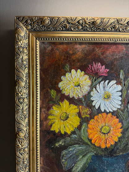 Vintage Floral Oil Painting by E. Henstock - Antique Gold Gilt Frame