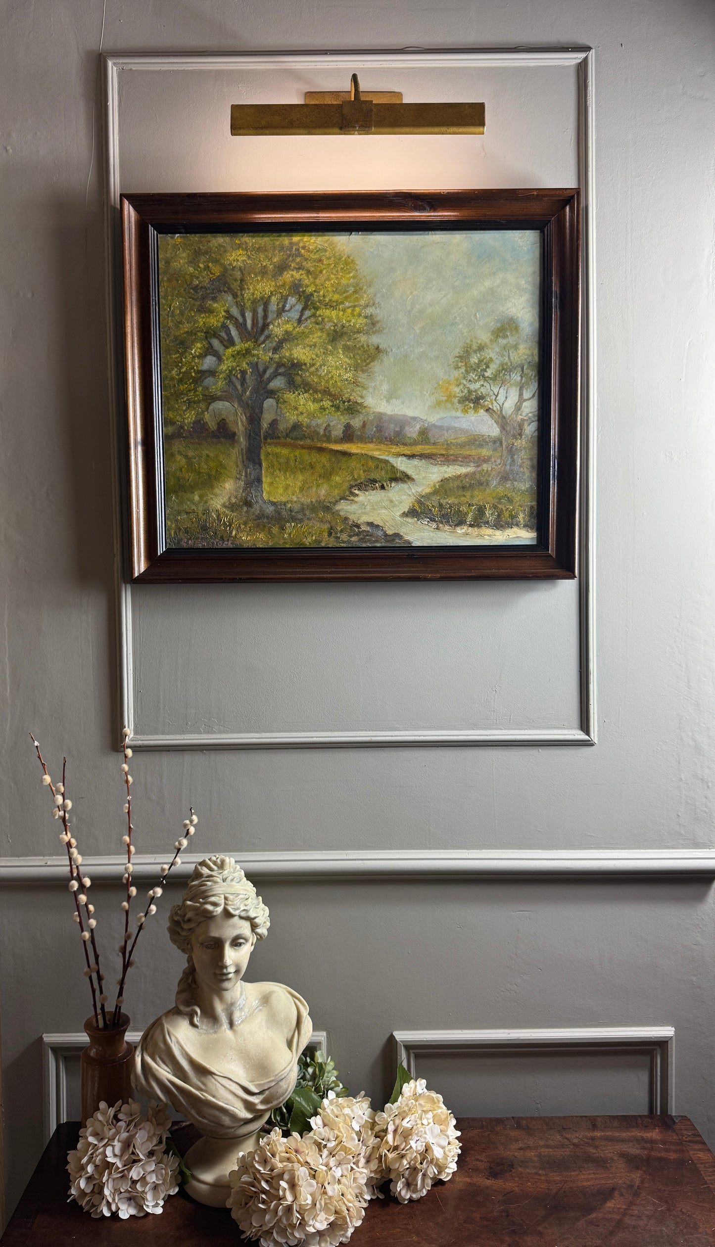 Vintage Landscape Oil Painting by E. Henstock, -Rustic Farmhouse Frame