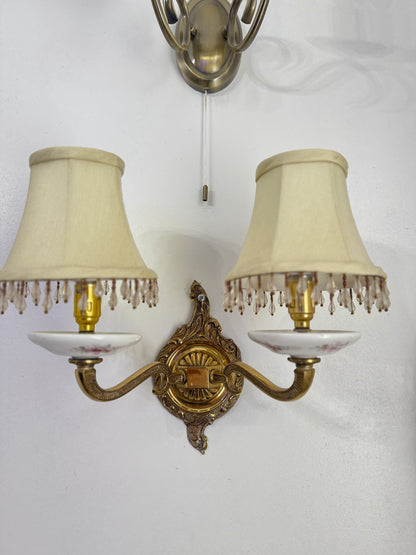 Capodimonte Style Brass and Fine Ceramic Vintage Chandelier + Wall Light Set | Porcelain White & Pink Flowers | Imported from Spain