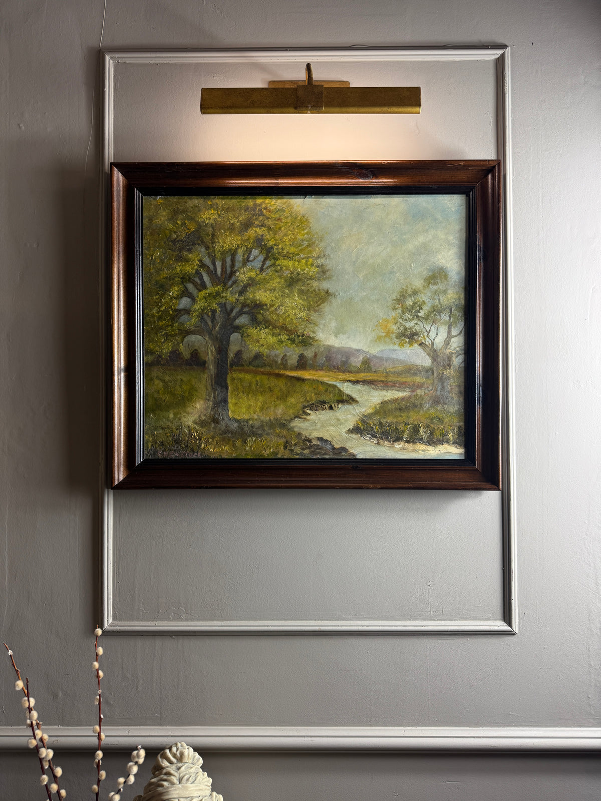 Vintage Landscape Oil Painting by E. Henstock, -Rustic Farmhouse Frame