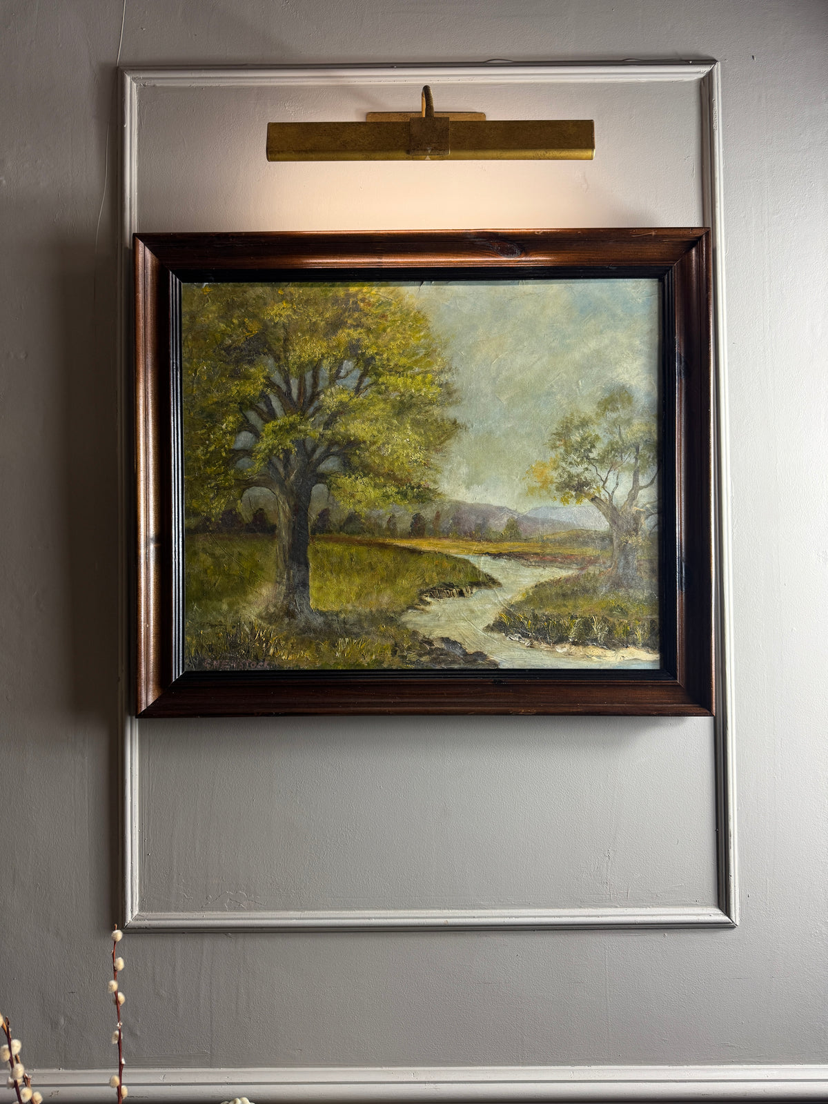 Vintage Landscape Oil Painting by E. Henstock, -Rustic Farmhouse Frame
