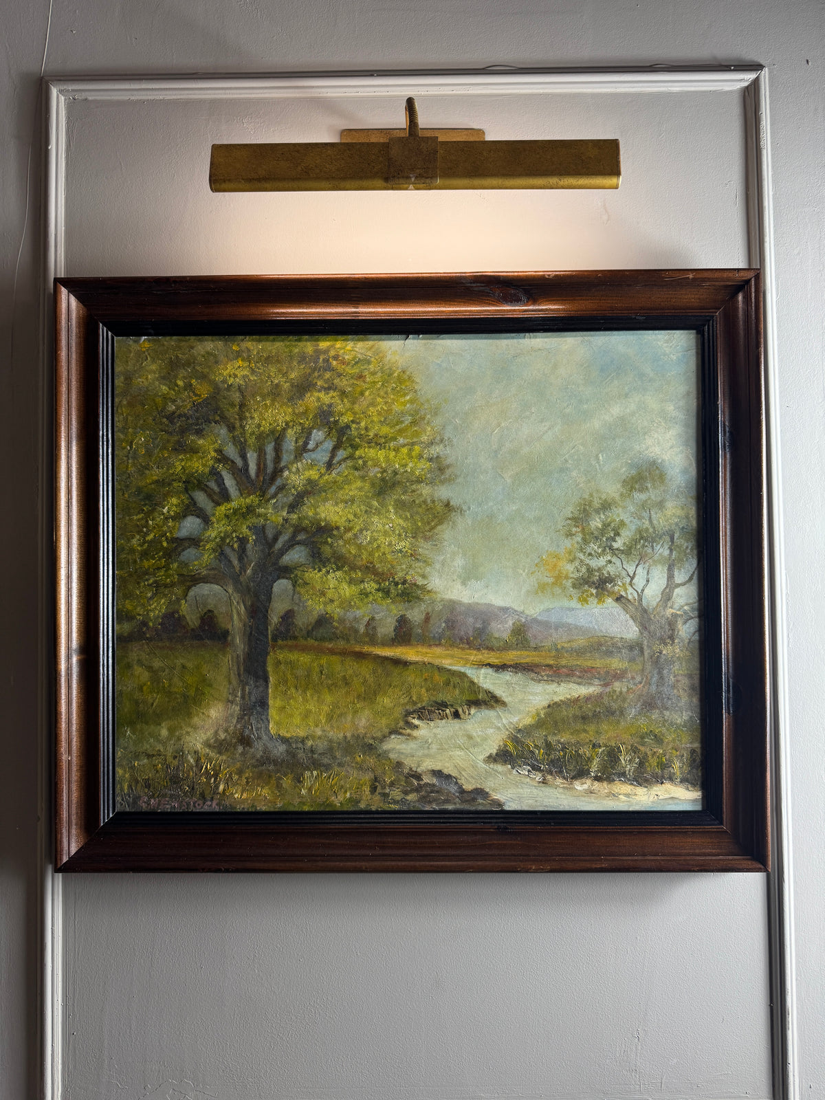 Vintage Landscape Oil Painting by E. Henstock, -Rustic Farmhouse Frame