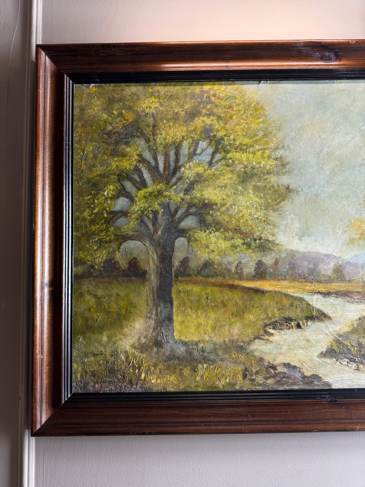 Vintage Landscape Oil Painting by E. Henstock, -Rustic Farmhouse Frame