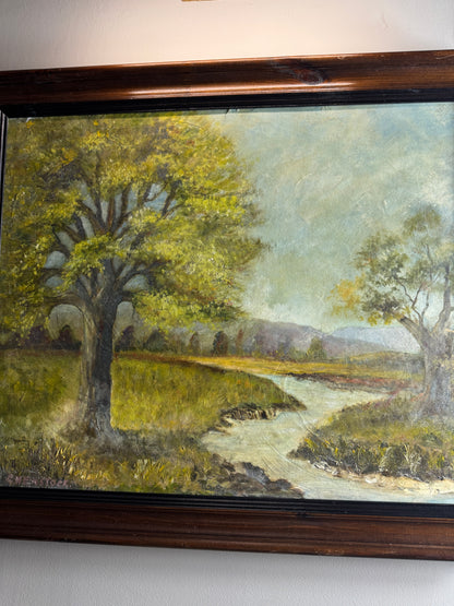 Vintage Landscape Oil Painting by E. Henstock, -Rustic Farmhouse Frame