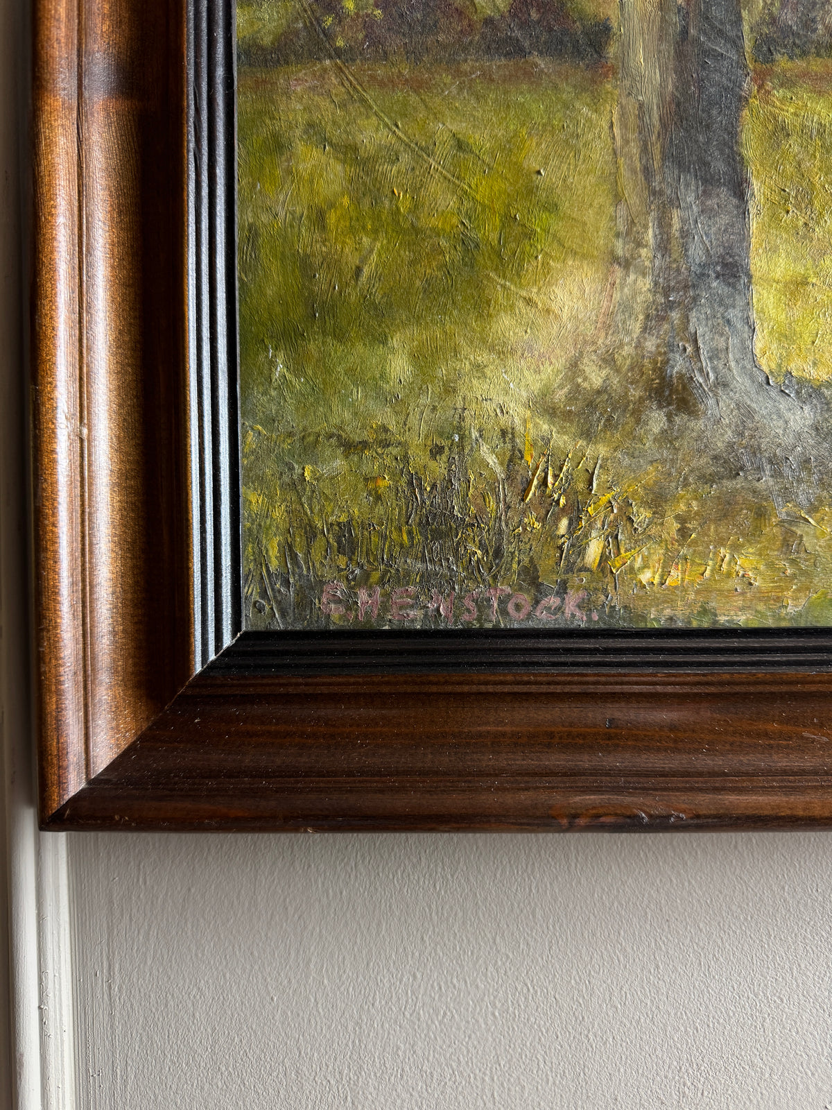 Vintage Landscape Oil Painting by E. Henstock, -Rustic Farmhouse Frame