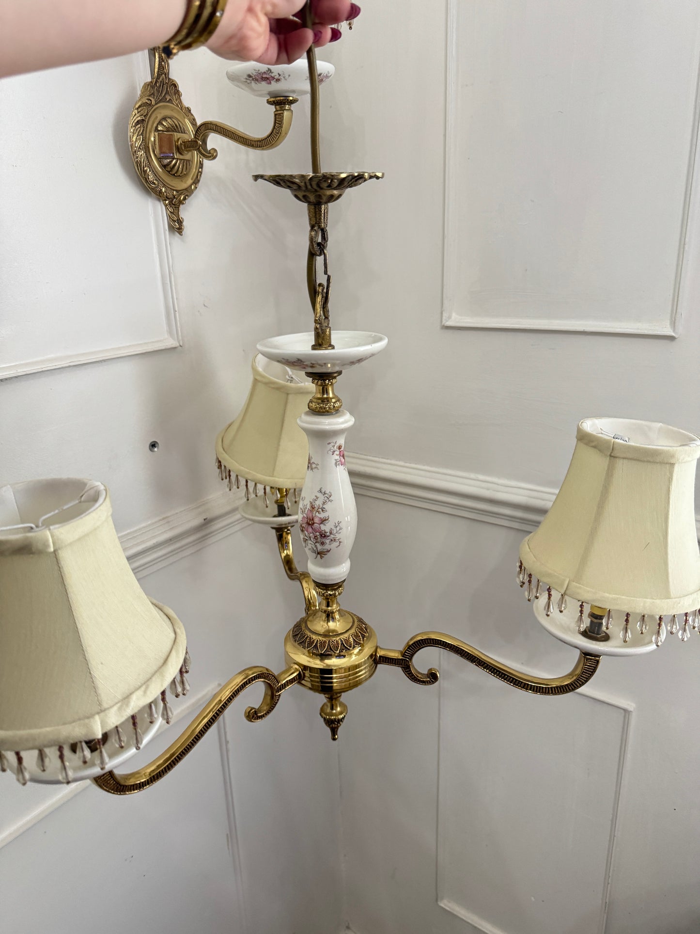 Capodimonte Style Brass and Fine Ceramic Vintage Chandelier + Wall Light Set | Porcelain White & Pink Flowers | Imported from Spain