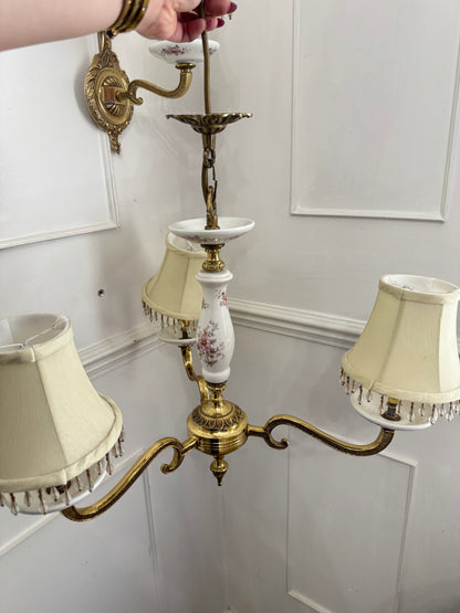Capodimonte Style Brass and Fine Ceramic Vintage Chandelier + Wall Light Set | Porcelain White & Pink Flowers | Imported from Spain