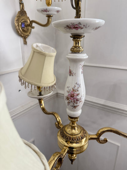 Capodimonte Style Brass and Fine Ceramic Vintage Chandelier + Wall Light Set | Porcelain White & Pink Flowers | Imported from Spain