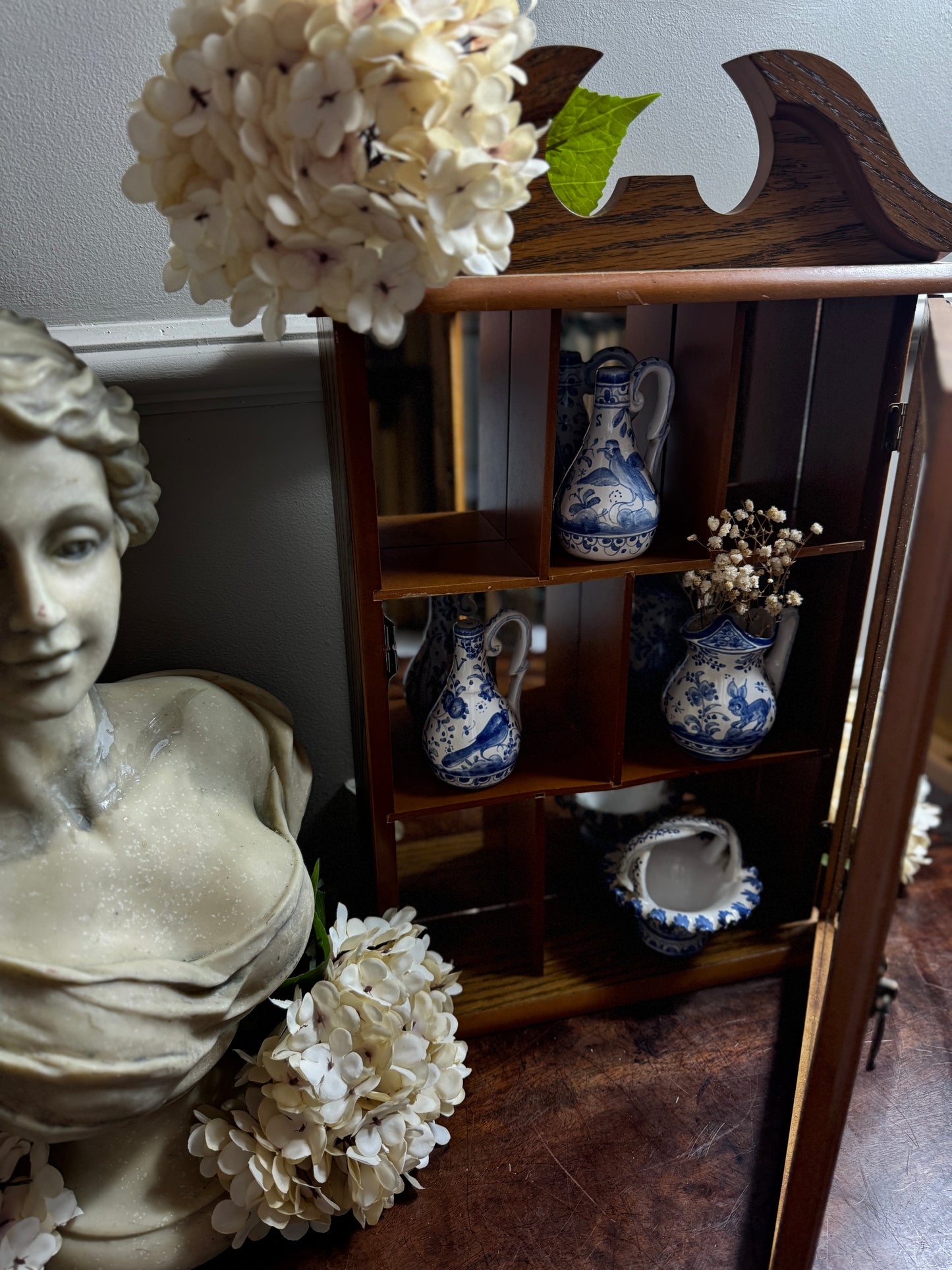 Vintage Wooden Wall Display Cabinet – Glass Fronted Trinket Shelf with Mirror Back