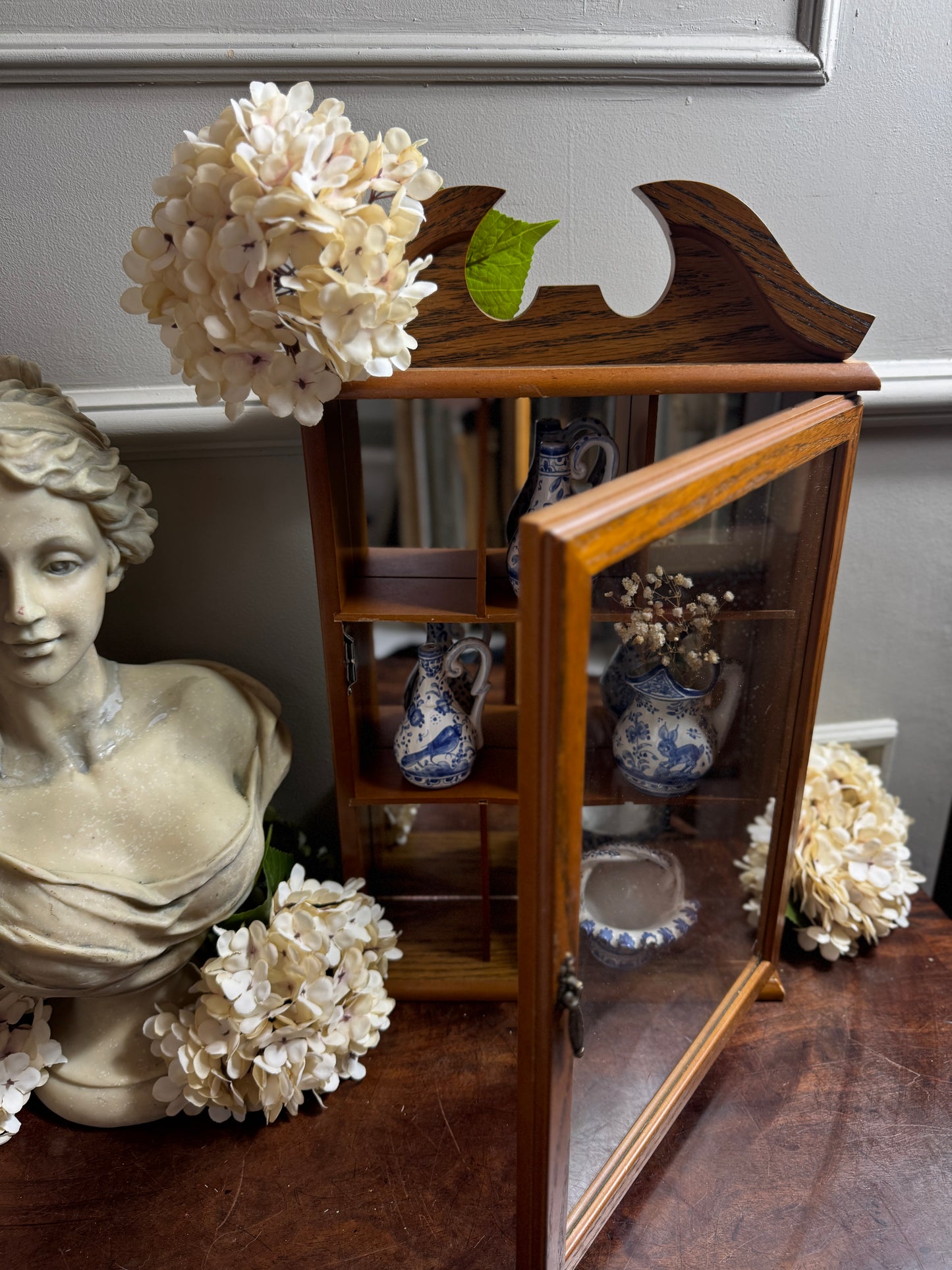 Vintage Wooden Wall Display Cabinet – Glass Fronted Trinket Shelf with Mirror Back