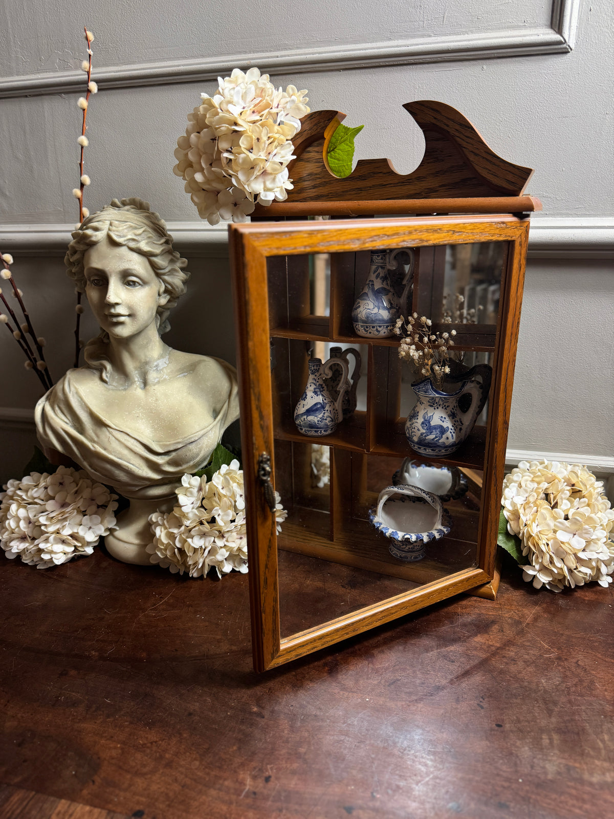 Vintage Wooden Wall Display Cabinet – Glass Fronted Trinket Shelf with Mirror Back