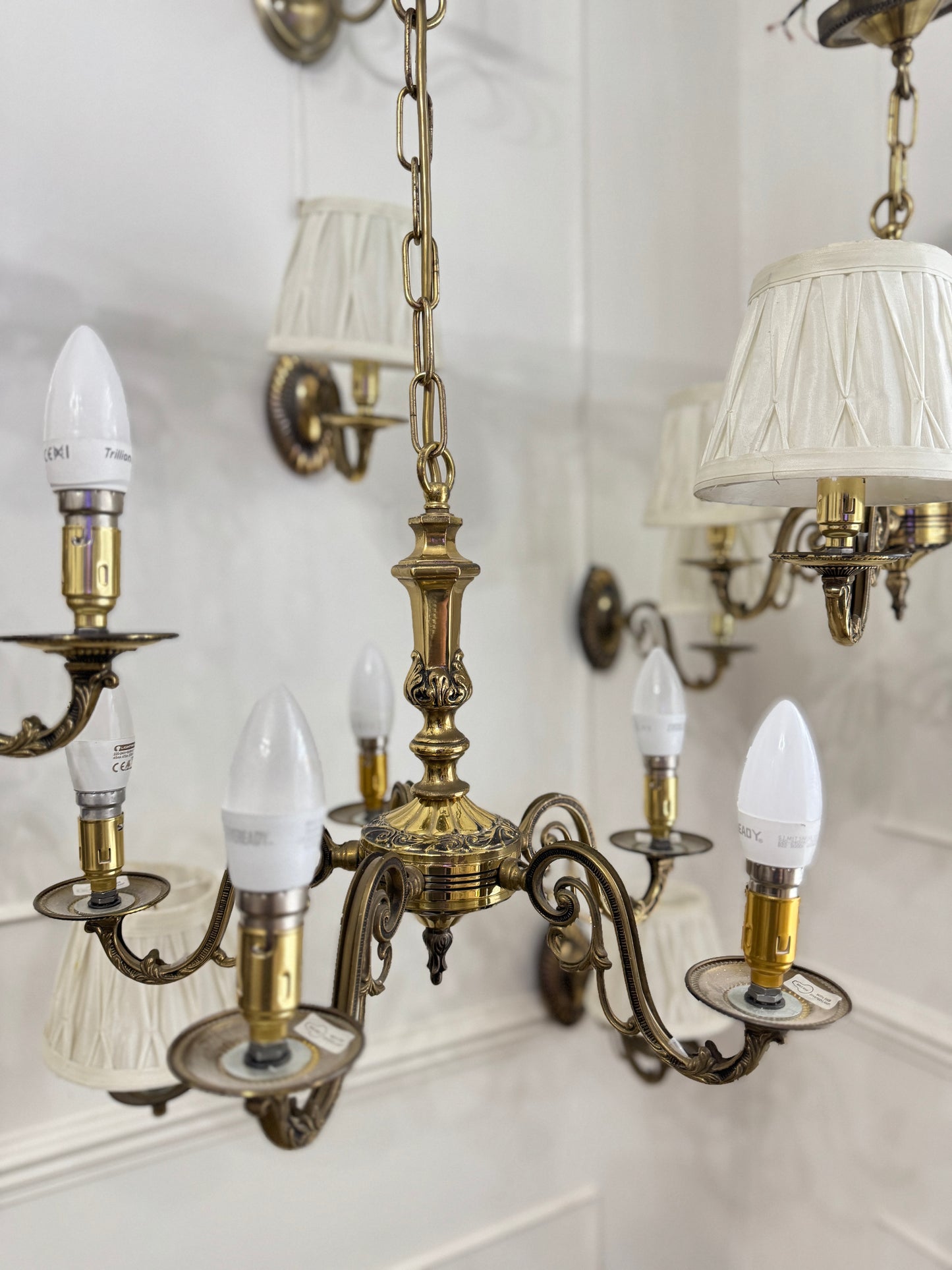 Vintage Satin Brass Lighting — 5-Arm Chandelier
