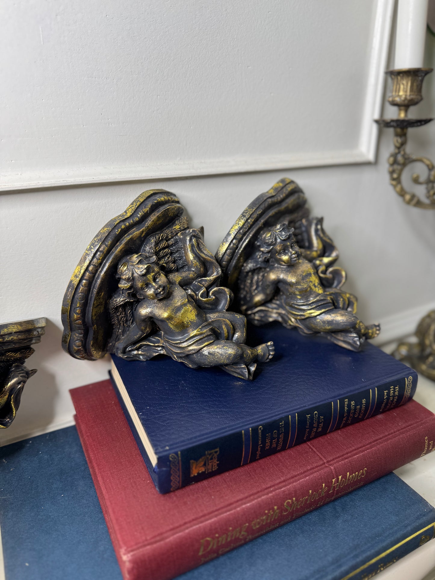 Baroque Antique Gold Cherub Wall Scones in Vintage Box
