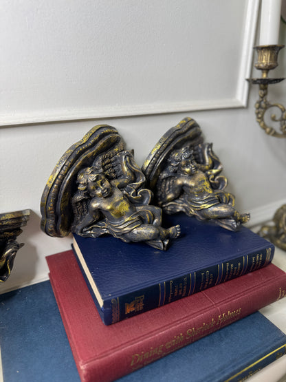 Baroque Antique Gold Cherub Wall Scones in Vintage Box